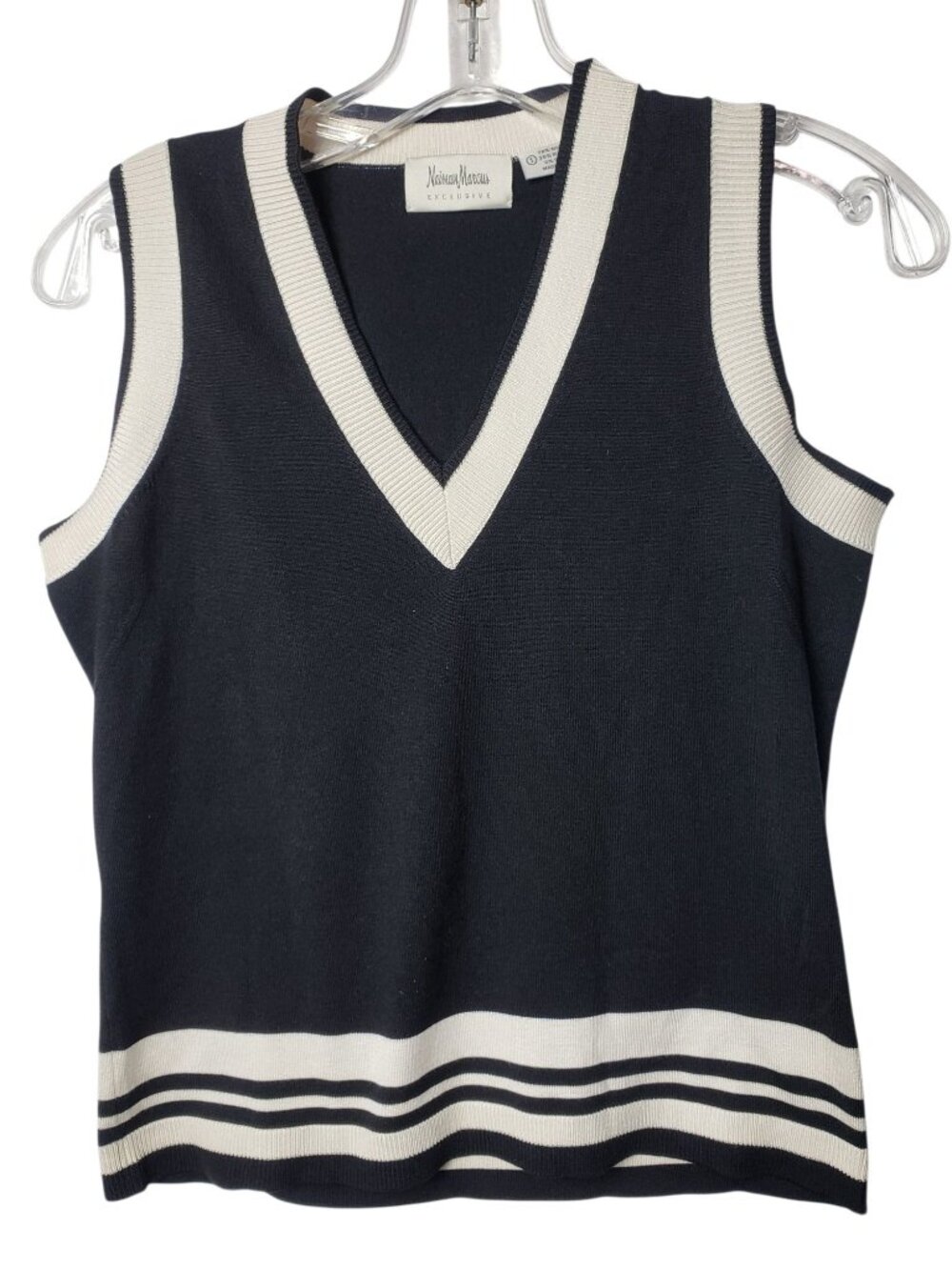 Neiman Marcus Womens Sleeveless Black Knit Sweater Vest W/Ivory Trim Small - Picture 2 of 8
